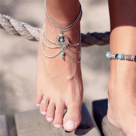 Buy Women Summer Foot Ankle Jewelry Boho Silver Stone Hollow Metal Beach Multi