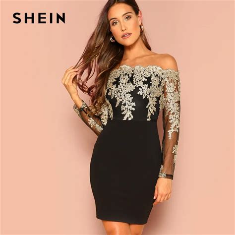 shein black sexy off the shoulder embroidered mesh bodice bardot bodycon dress women long sleeve