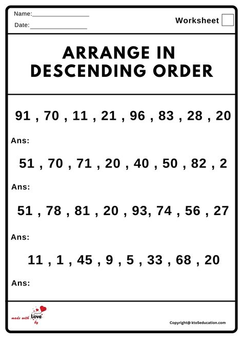 Arrange In Descending Order Worksheet Free Download