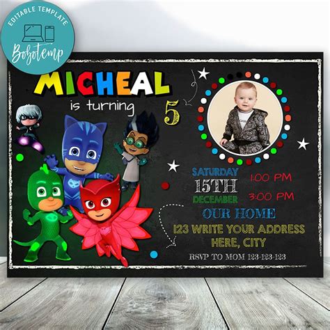 Editable Pj Masks With Photo Invitation Instant Download