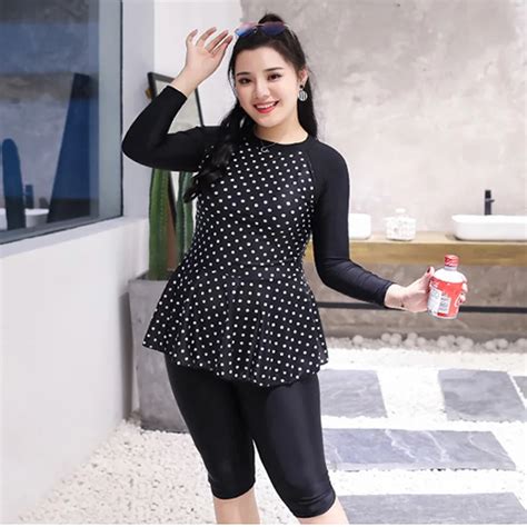 Womens Plus Size Swimming Bathing Suit Summer Seaside Long Sleeve Dots