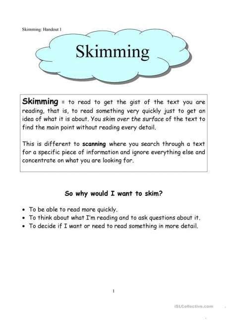 9 Skimming Reading Worksheet