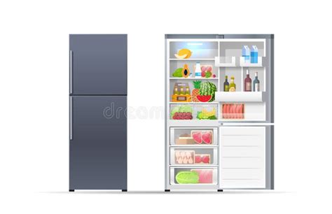 Open And Closed Refrigerator Fridge Full Of Fresh Food Horizontal