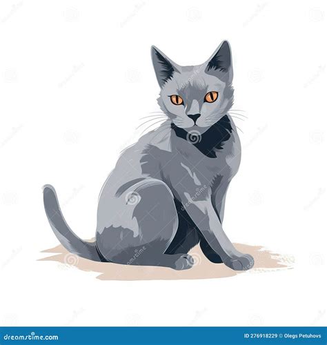 A Gray Cat With Orange Eyes Sitting On The Ground Looking At The Camera With A Sad Look On Its
