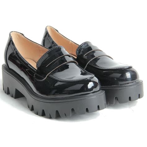 Women Ladies Cleated Chunky Platform Sole Flat Loafer Black Patent