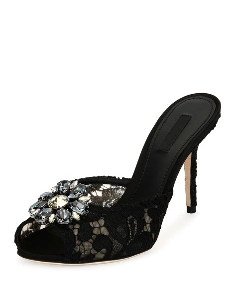 Dolce And Gabbana Jeweled Lace Slide Sandals Black