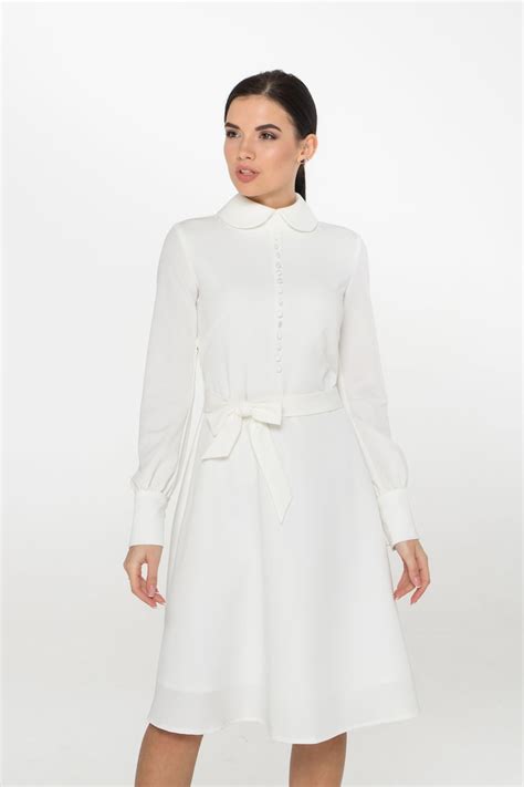 Button Front Long Sleeve White Dress High Rounded Collar Etsy