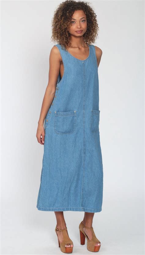 Jean Overall Dress Denim Jumper Dress 90s Midi Jean Shift 1990s Grunge