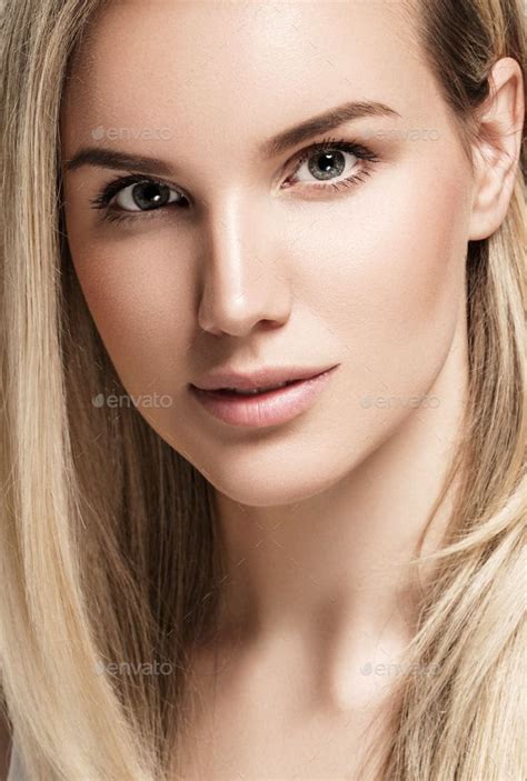 Beautiful Woman Blonde Hair Portrait Close Up Studio On White