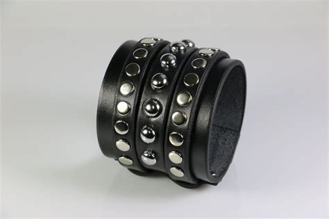 Custom Made Wide Leather Cuff With Rivets And Dome Spots Leather