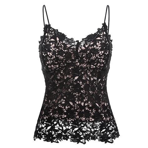 Lace Sexy Camis Women Tops Hollow Sleeveless Black Crochet Overall Slip Lingerie Strap Built In