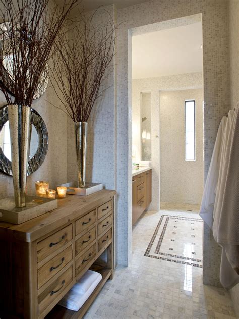 Master Bathroom With White Tile Floor And Rustic Wood