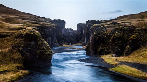 Rocks River Landscape Water Stream Mountains Blue Sky Algae 4k Hd