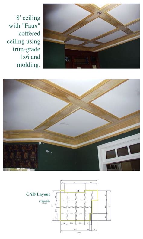 These faux beams blow away real wood beams or constructing a couffered ceiling out of dry wall and moulding. 8' ceiling with faux coffered ceiling using trim-grade 1x6 ...