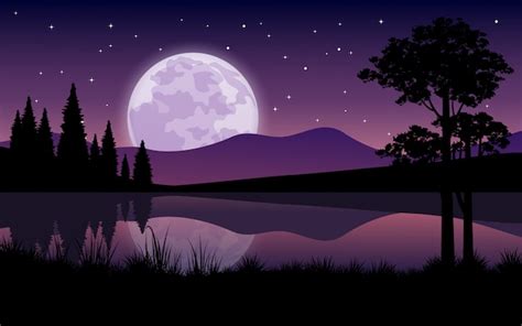Premium Vector Beautiful Night At Lake With Full Moon Rising And Starry Sky