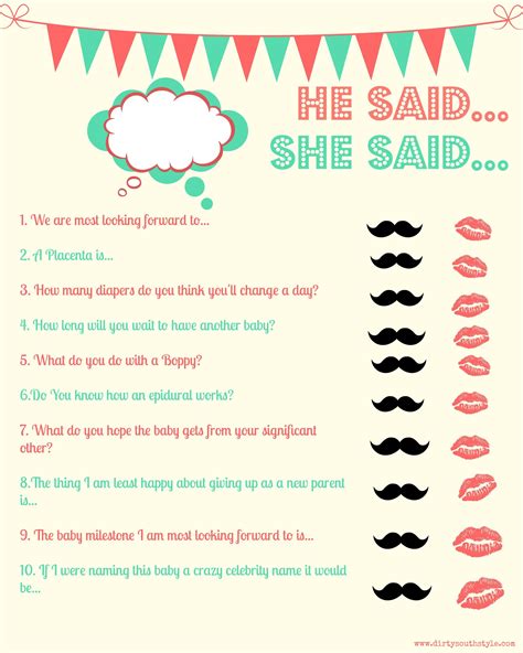 Instruct guests to answer as many questions as they can. He said she said Baby shower game | Printables | Pinterest | Baby shower games, Babies and Baby ...