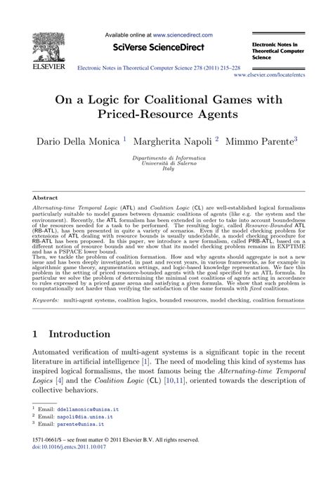 Pdf On A Logic For Coalitional Games With Priced Resource Agents