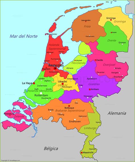 Situado en europa, con zonas como holanda, y cuya capital es amsterdam. Mapa de Países Bajos - AnnaMapa.com