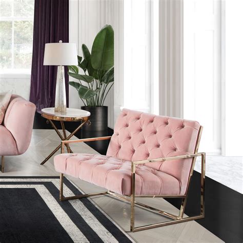 Chair In Blush Pink Tufted Velvet Fabric Polished Gold Stainless Steel