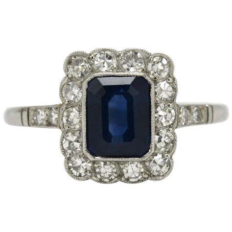 Art Deco Style Sapphire Engagement Ring Emerald Cut Blue Gem Diamond