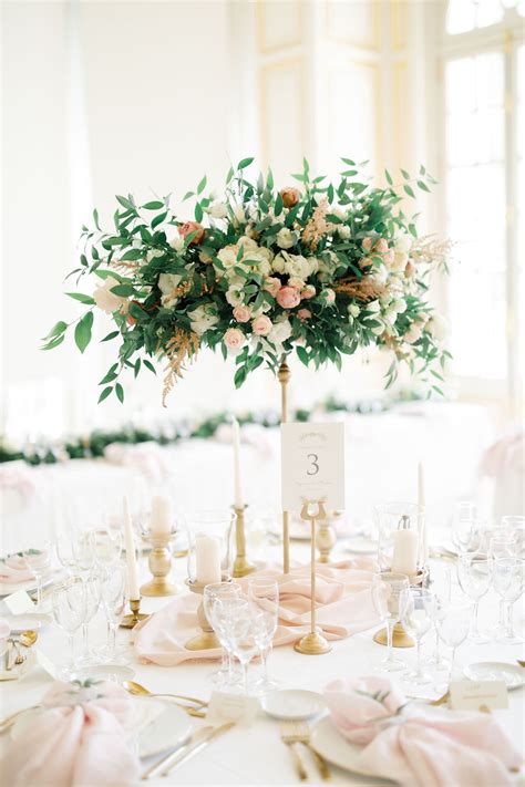 High Greenery And Blush Wedding Table Centerpiece Wedding Table