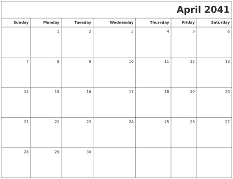 April 2041 Printable Blank Calendar