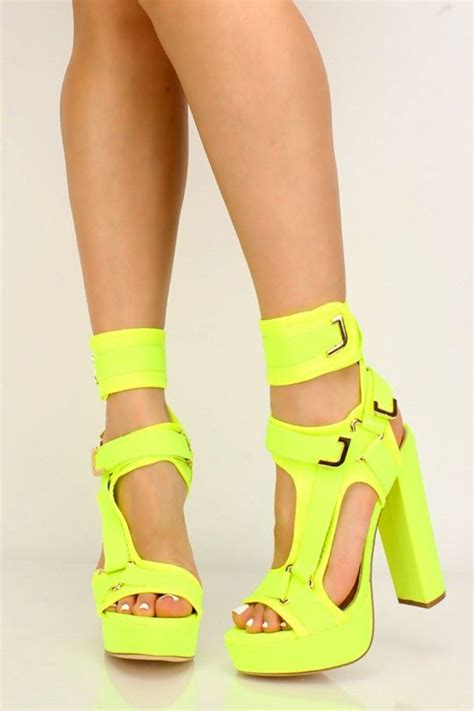 Neon Yellow Heels Chunky High Heels Heels Womens Shoes High Heels