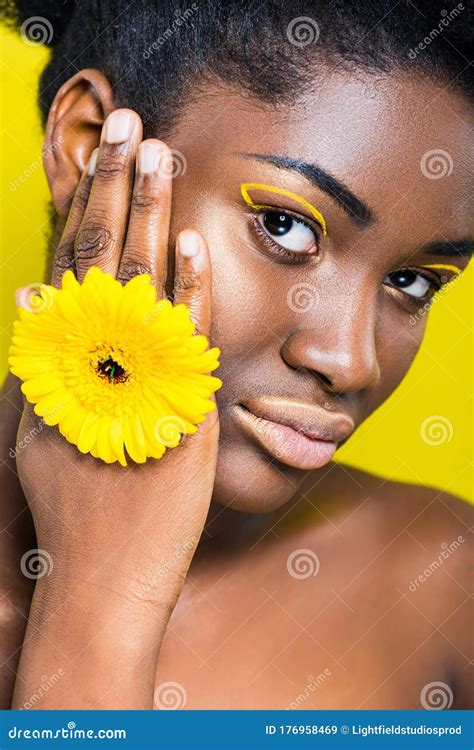 Beautiful African American Girl With Flower Looking At Camera Stock Image Image Of Naked