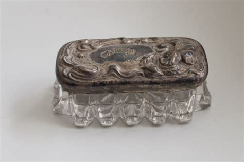 Antique Glass Trinket Box W Ornate Engraved Silver Lid Souvenir Of