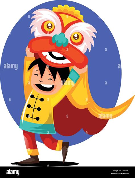 niño chino vistiendo traje de monstruo durante el año nuevo chino ilustración vector sobre fondo