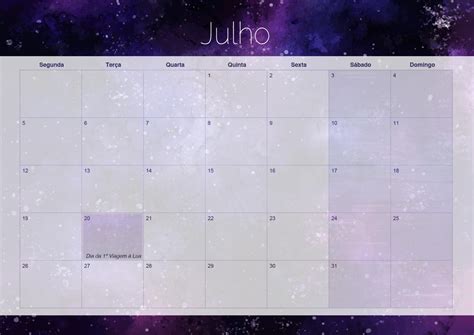 Calendario Mensal Julho Galaxia Fazendo A Nossa Festa