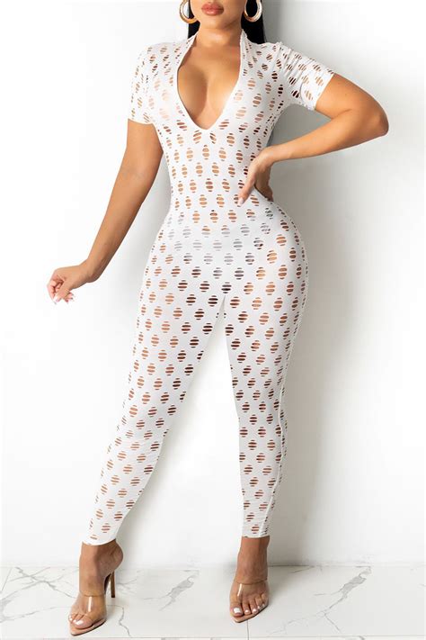 White Fashion Sexy Solid Hollowed Out See Through V Neck Skinny Jumpsuits Jumpsuits