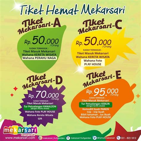 Saat ini, tempat wisata tersebut memiliki program garden drive thru seharga rp 85.000 per orang dan tur sehat mekarsari seharga rp 75.000 per orang. Keinginan Berwisata ke Taman Buah Mekarsari Bogor dan ...