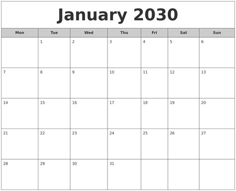 January 2030 Free Monthly Calendar