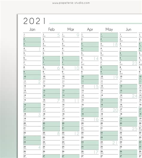 2021 Yearly Wall Calendar Printable Wall Planner 2021 Mint Etsy
