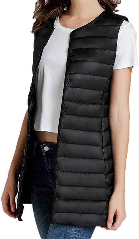 Quilted Puffy Mid Long Vest For Women Round Collar Winter Outdoor