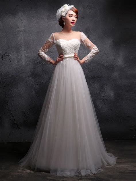 Step into a magical world of elegant bridal gowns. Modest Vintage Style Empire Waist Long Sleeves Lace Dress ...