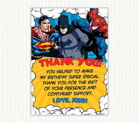 Superhero Thank You Card Comics For Birthday Perfect Party Prints