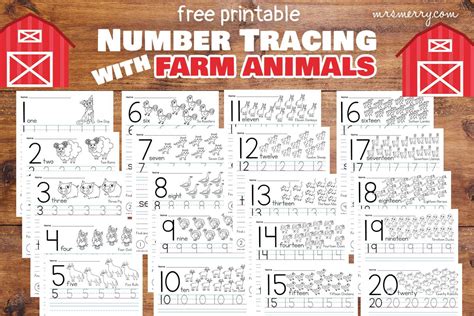 Free Tracing Numbers Worksheets 1 20 With Farm Animals Mrs Merry