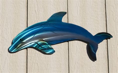 Blue Dolphin Metal Wall Sculpture Reflects Light For Depth