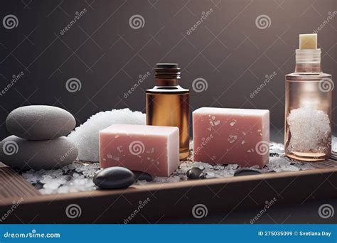 Spa Beauty Items On A Table Massage Stones Essential Oils Salt Generative Ai Stock Image