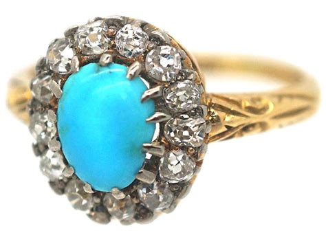 Edwardian Ct Gold Turquoise Diamond Cluster Ring P The