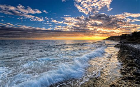 Sea Waves Sunset Sky Clouds Landscape Nature Beaches Wallpapers Riset