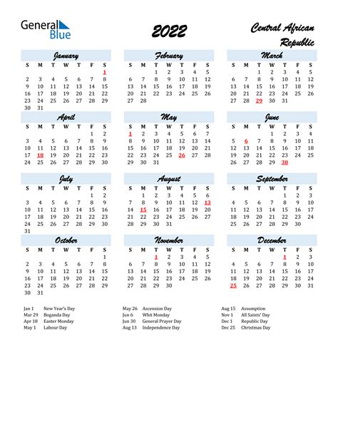 2022 Central African Republic Calendar With Holidays