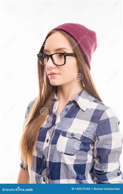 Close Up Portrait Of Attractive Hipster Girl Posing In Cap And Glasses Stock Image Image Of