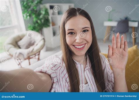 Photo Of Charming Friendly Young Lady Dressed Striped Shirt Recording