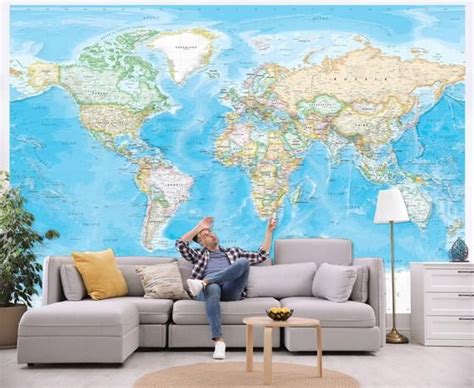 Giant World Map Wall Mural Removable Wallpaper Map Of The Etsy Map
