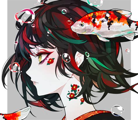 Anime Anime Girls Colorful Face Fish Green Eyes Portrait Profile
