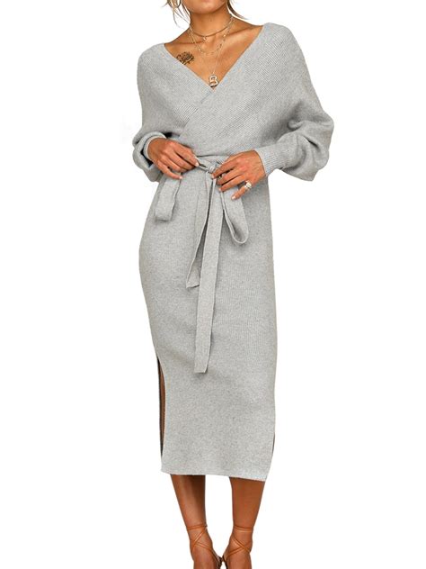 Fashion Winter Women Long Sleeve Casual V Neck Sweater Midi Dress Ladies Slim Fit Maxi Wrap