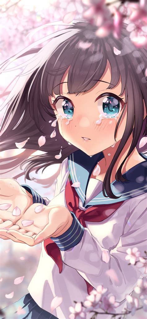 Download 1080x2340 Anime Girl Crying Tears Sakura Blossom Loli School Uniform Wallpapers